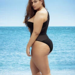 Mapalé Plus Size One Shoulder Mesh Stripe Monokini