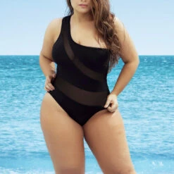 Mapalé Plus Size One Shoulder Mesh Stripe Monokini