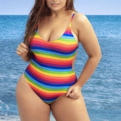 Mapalé Plus Size Rainbow Stripes One Piece 7 Mapalé Plus Size Rainbow Stripes One Piece