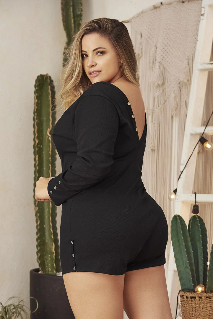 Mapalé Plus Size Long Sleeve Button Romper 2 Mapalé Plus Size Long Sleeve Button Romper