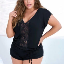 Mapalé Plus Size Black Knit And Lace Pajama Set