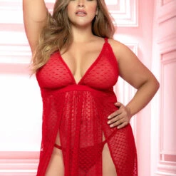 Mapalé Plus Size Red Patterned Mesh Babydoll
