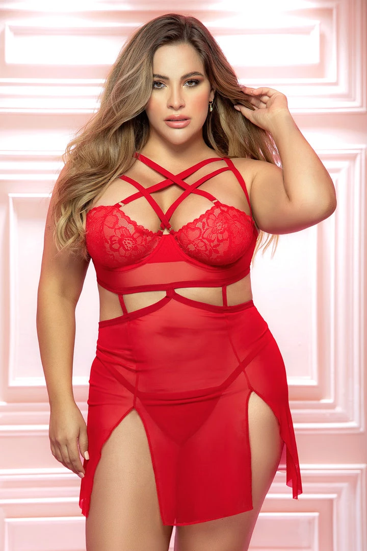 Mapalé Plus Size Strappy Red Cage Chemise 1 Mapalé Plus Size Strappy Red Cage Chemise