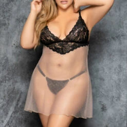 Mapalé Plus Size Nude Mesh And Black Lace Babydoll 5 Mapalé Plus Size Nude Mesh And Black Lace Babydoll
