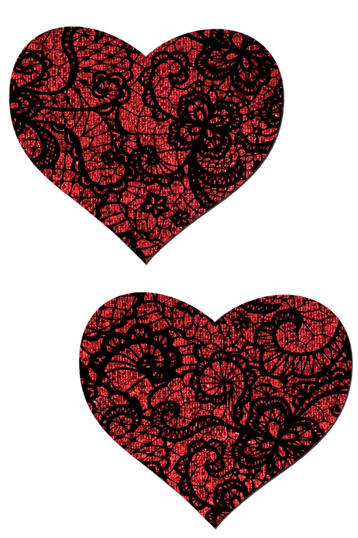 Pastease Red Glitter Heart With Black Lace Pasties 1 Pastease Red Glitter Heart With Black Lace Pasties