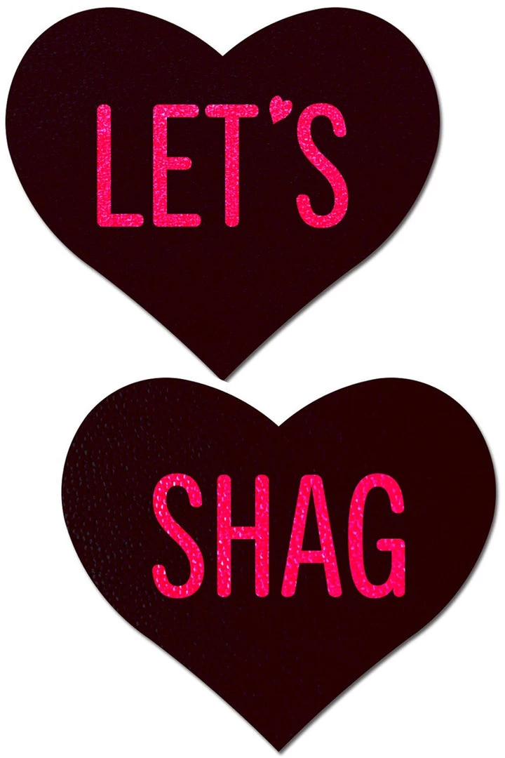 Pastease Black Heart With Pink 'Let's Shag' Nipple Pasties 1 Pastease Black Heart With Pink 'Let's Shag' Nipple Pasties