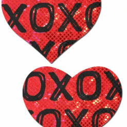 Pastease Lingerie Shattered Glass Disco Ball Red With Black XO Heart Nipple Pasties