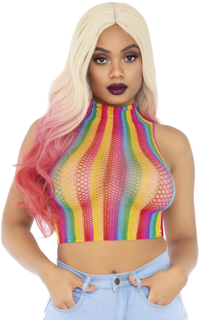 Leg Avenue Rainbow Fishnet High Neck Crop Top 4 Leg Avenue Rainbow Fishnet High Neck Crop Top