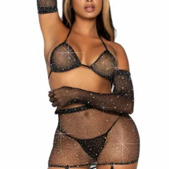 Leg Avenue Rhinestone Fishnet Bra And Skirt Set Lingerie