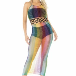 Leg Avenue Rainbow Fishnet Halter Dress