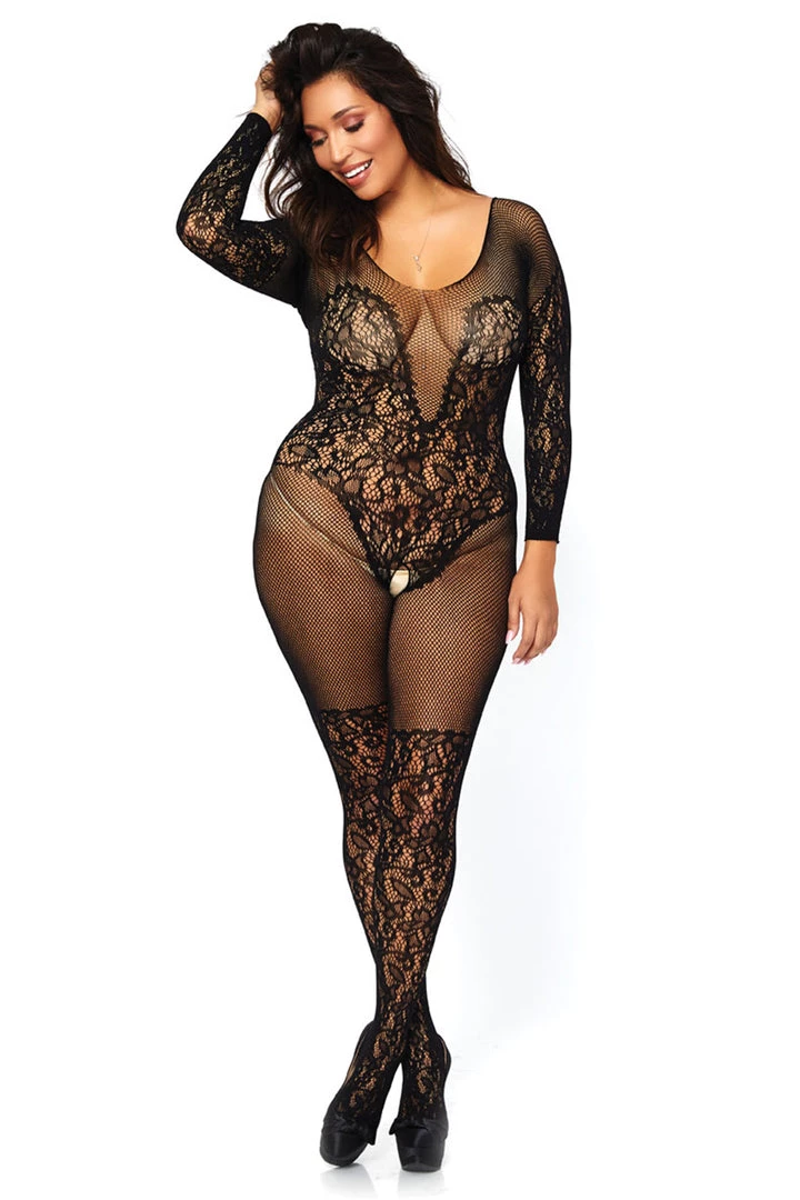 Leg Avenue Plus Size Net And Lace Long Sleeve Bodystocking 1 Leg Avenue Plus Size Net And Lace Long Sleeve Bodystocking