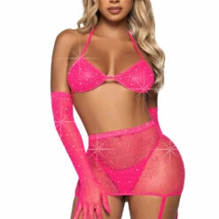 Leg Avenue Rhinestone Fishnet Bra And Skirt Set Lingerie
