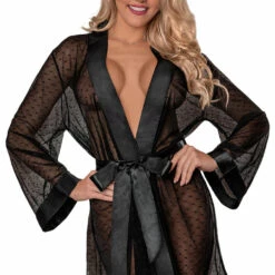 Magic Silk Robes Chyna Black Dotted Mesh Kimono Robe