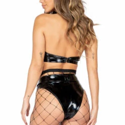 Roma Costume Black Latex Underboob Crop Top And Ring Detail Tops