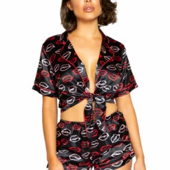 Roma Costume Lingerie Lip Print Satin Pajama Set