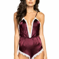 Roma Costume Lingerie Satin Pajama Romper With Eyelash Lace Trim