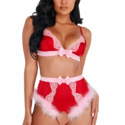 Roma Costume Lace And Satin Marabou Bra Set Lingerie