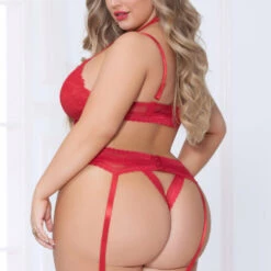 Seven Till Midnight Plus Size Red Lace Harness Bra And Garter Set