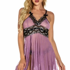 3WISHES Plus Size Metallic Lace Flyaway Mesh Babydoll