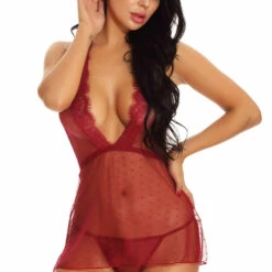 3WISHES Lingerie Low Cut French Dot Babydoll