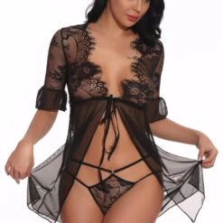 3WISHES Tie Front Robe And Thong Lingerie