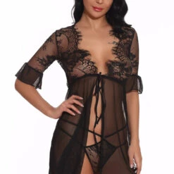 3WISHES Tie Front Robe And Thong Lingerie