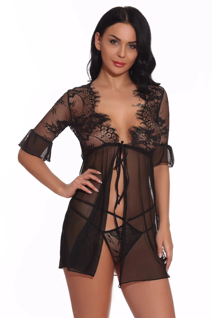 3WISHES Tie Front Robe And Thong Lingerie 1 3WISHES Tie Front Robe And Thong Lingerie