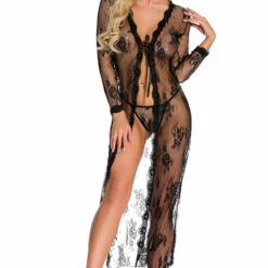 3WISHES Long Floral Lace Robe Lingerie
