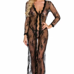 3WISHES Long Floral Lace Robe Lingerie