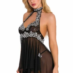 3WISHES High Neck Contrast Lace Babydoll