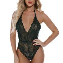 3WISHES Scalloped Lace Halter Teddy Lingerie