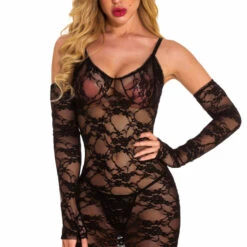 3WISHES Lace Chemise And Gloves Set Lingerie