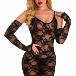 3WISHES Lace Chemise And Gloves Set Lingerie