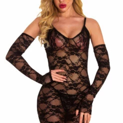 3WISHES Lace Chemise And Gloves Set Lingerie
