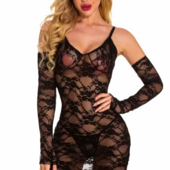3WISHES Lace Chemise And Gloves Set Lingerie