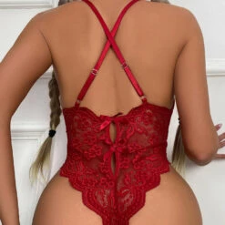 3WISHES Plunging Scalloped Lace Teddy Lingerie