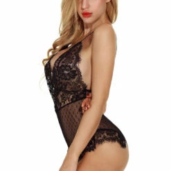 3WISHES Delicate Lace And Dotted Mesh Teddy Lingerie