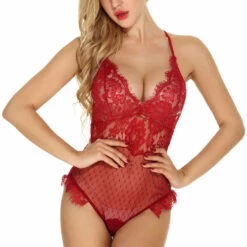 3WISHES Delicate Lace And Dotted Mesh Teddy Lingerie