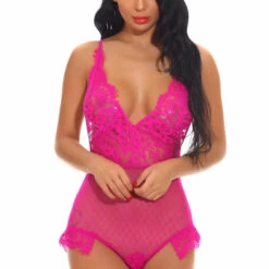 3WISHES Delicate Lace And Dotted Mesh Teddy Lingerie