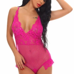 3WISHES Delicate Lace And Dotted Mesh Teddy Lingerie