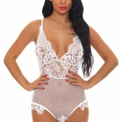 3WISHES Delicate Lace And Dotted Mesh Teddy Lingerie