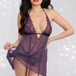 Dreamgirl Purple Glitter Mesh Babydoll Lingerie