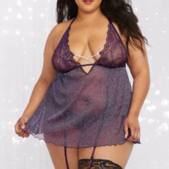 Dreamgirl Plus Size Purple Glitter Mesh Babydoll