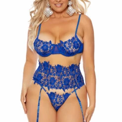 Elegant Moments Plus Size Blue Embroidered Lace Bra And Garter 6 Elegant Moments Plus Size Blue Embroidered Lace Bra And Garter