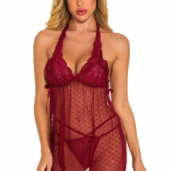 3WISHES Fancy French Dot Halter Babydoll Babydoll Lingerie