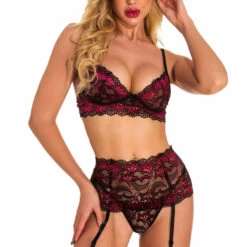 3WISHES Lingerie Wine Red Lace Bra Set