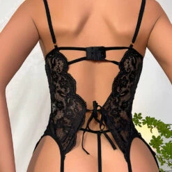 3WISHES Black Beauty Garter Cami Set Lingerie