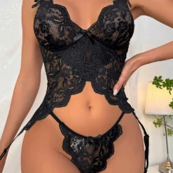 3WISHES Black Beauty Garter Cami Set Lingerie