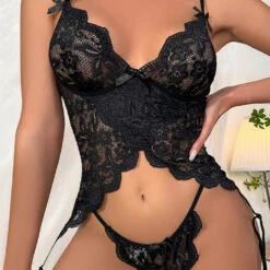 3WISHES Black Beauty Garter Cami Set Lingerie